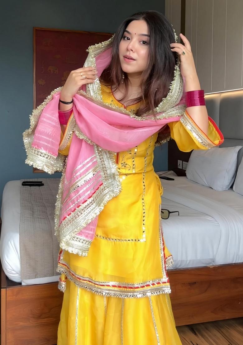 Yellow Embroidery Georgette Sharara Set - Indya