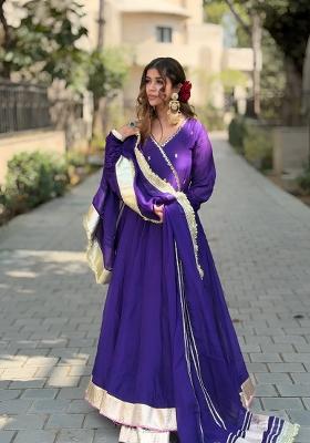 Purple Embroidery Faux Blooming Anarkali Set