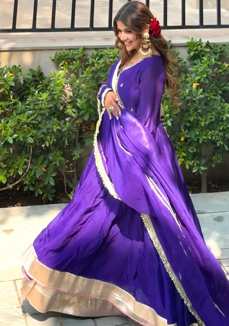 Purple Embroidery Faux Blooming Anarkali Set - Indya