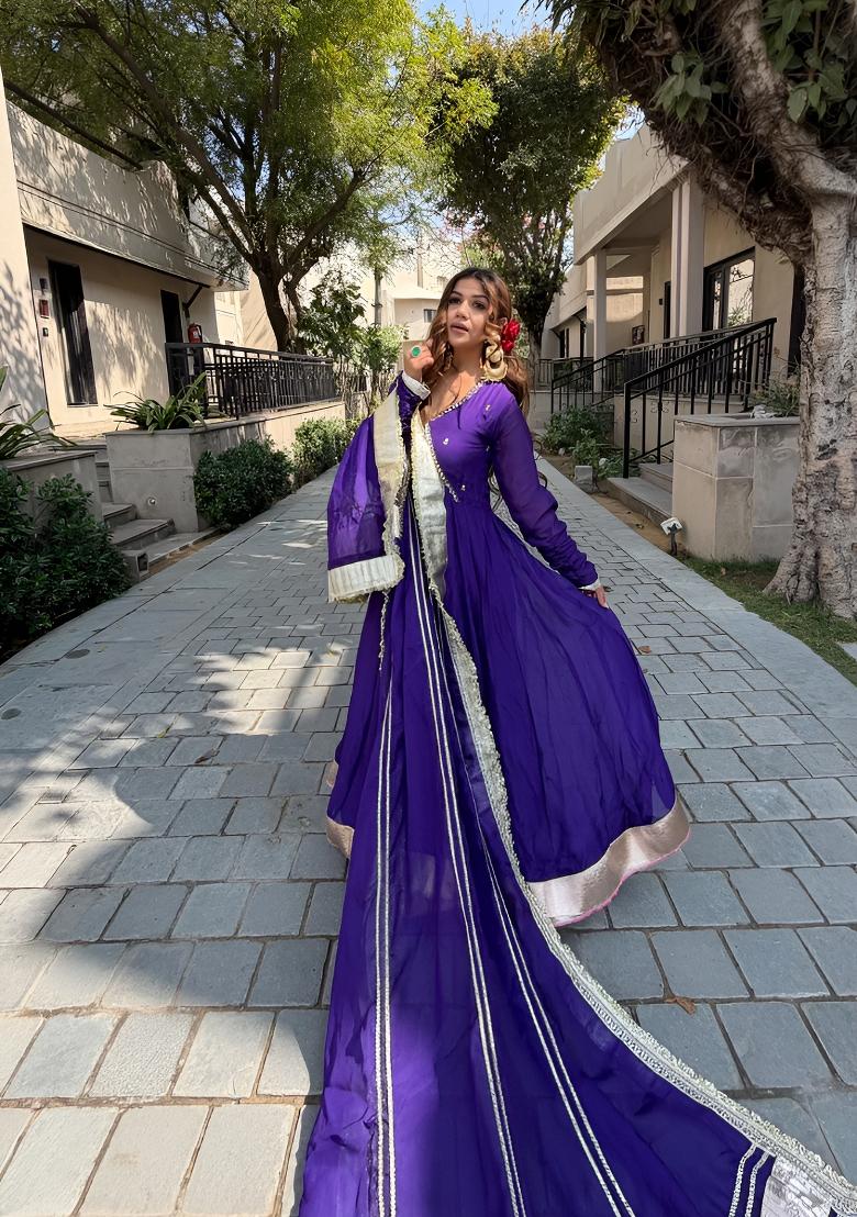 Purple Embroidery Faux Blooming Anarkali Set - Indya