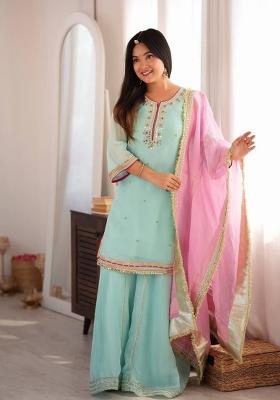 Sky Mint Embroidery Silk Kurta Set