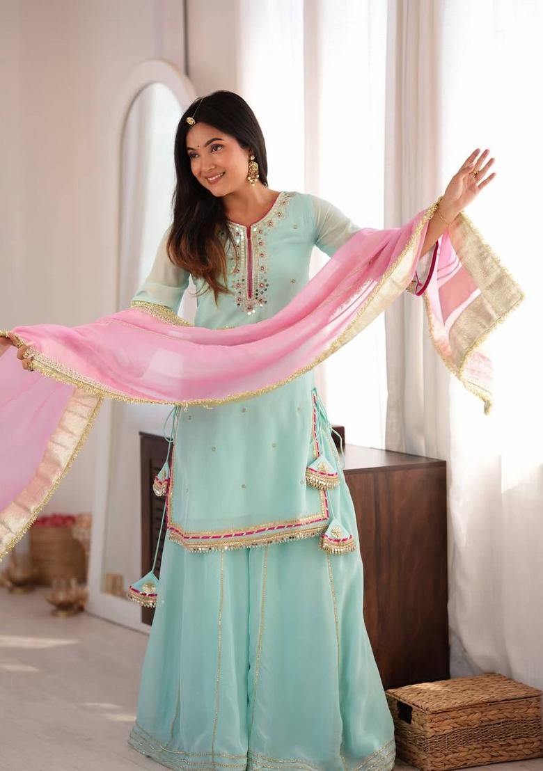 Sky Mint Embroidery Silk Kurta Set - Indya