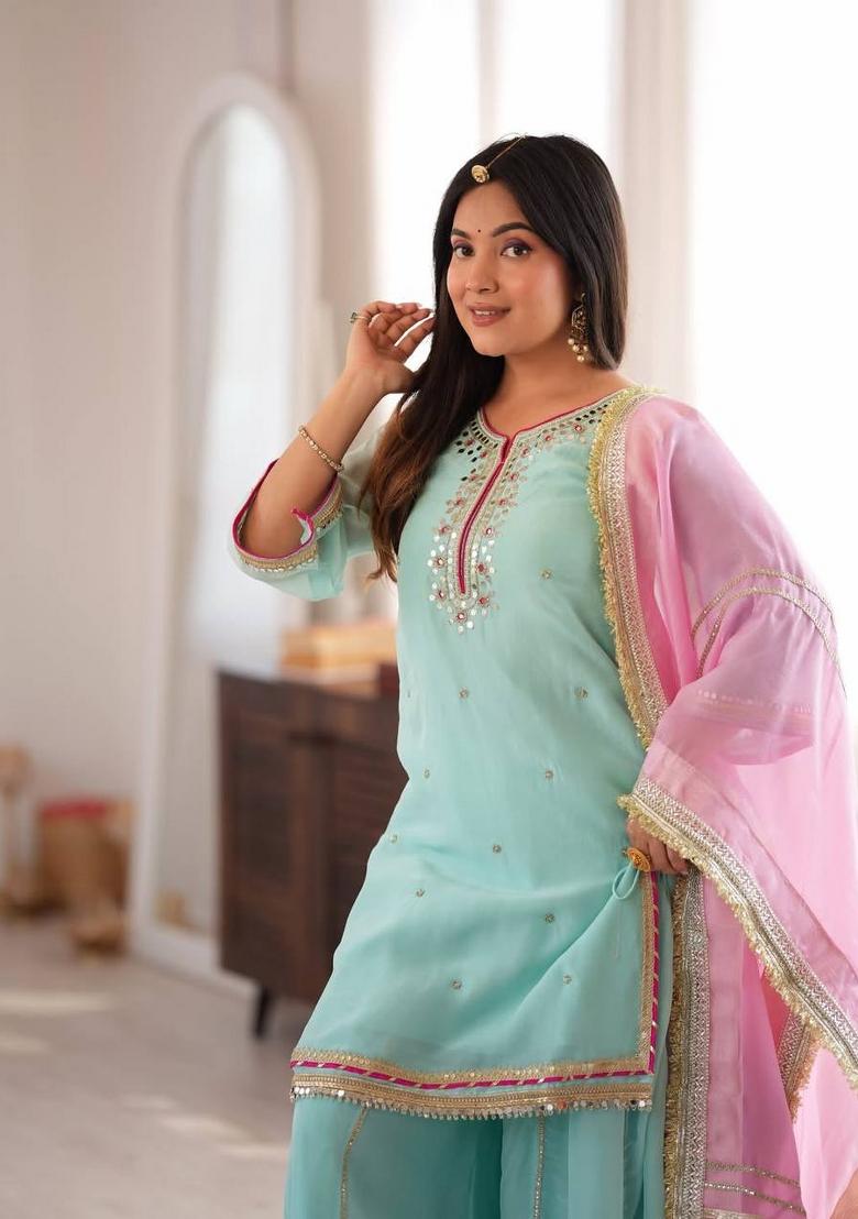 Sky Mint Embroidery Silk Kurta Set - Indya