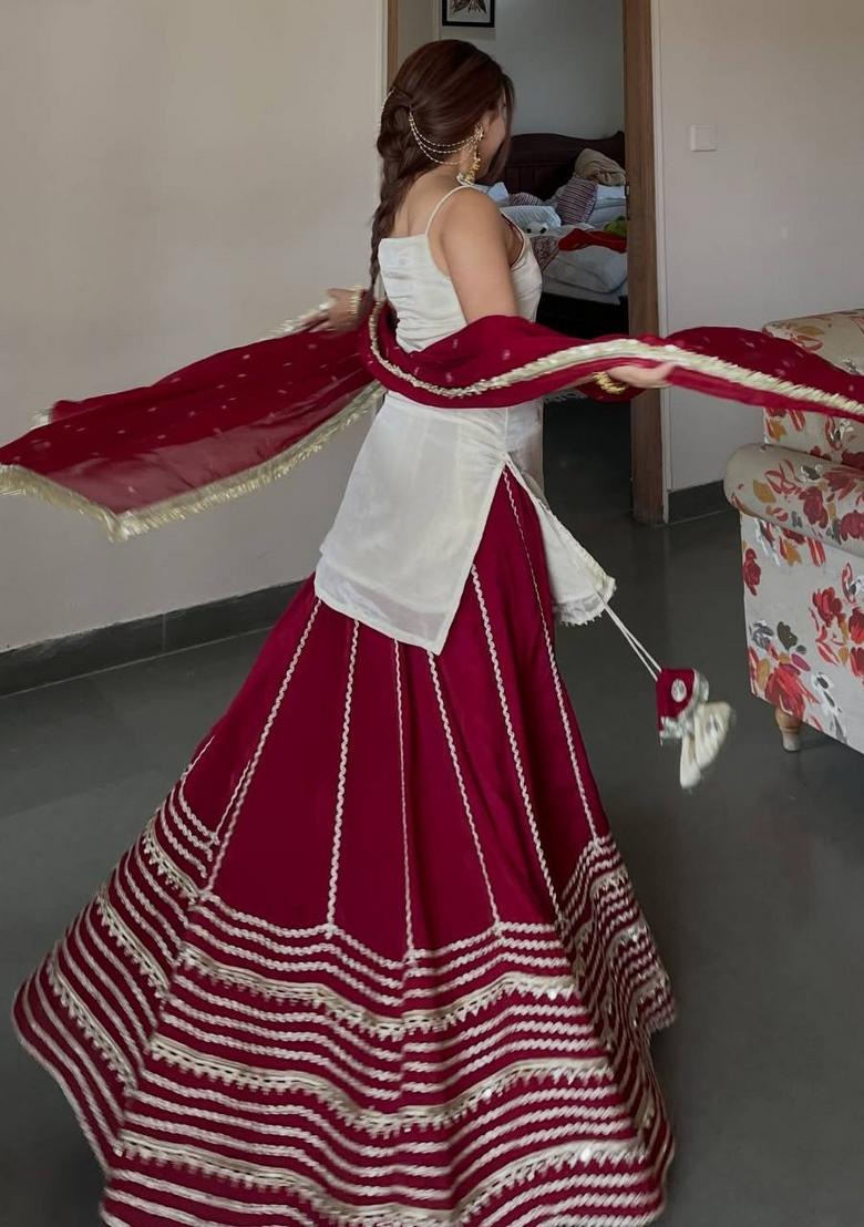Off White Embroidery Silk Lehenga Set - Indya