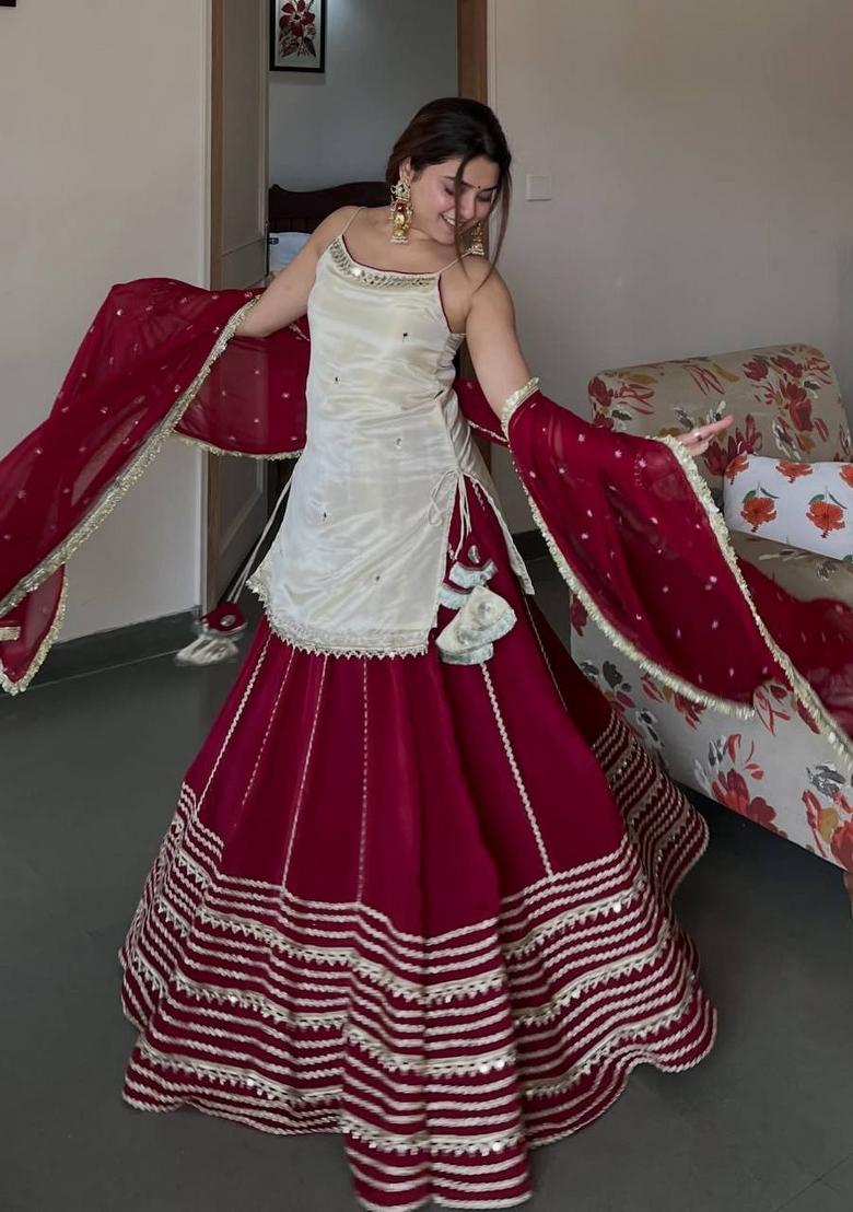Off White Embroidery Silk Lehenga Set - Indya