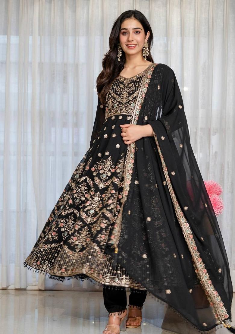 Black Embroidery Faux Blooming Kurta Set - Indya