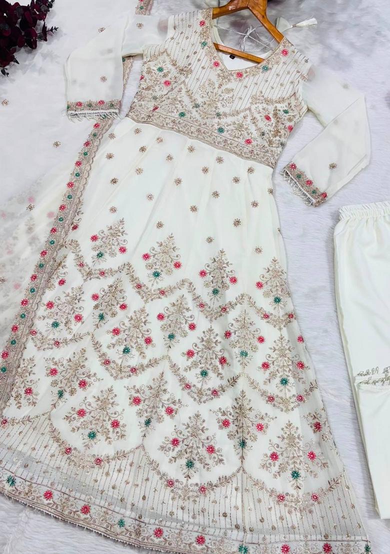 Off White Embroidery Faux Blooming Kurta Set - Indya