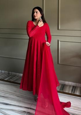Red Embroidery Georgette Anarkali Set