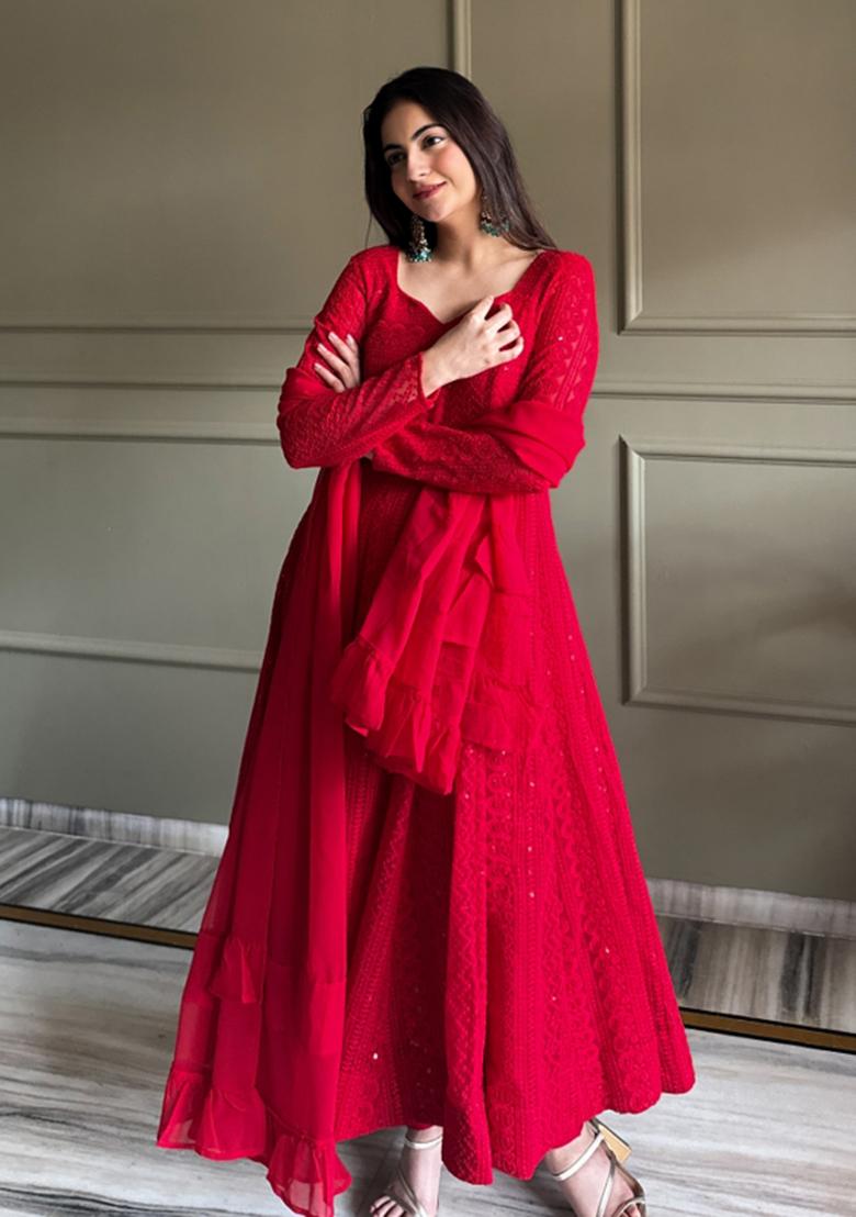 Red Embroidery Georgette Anarkali Set - Indya