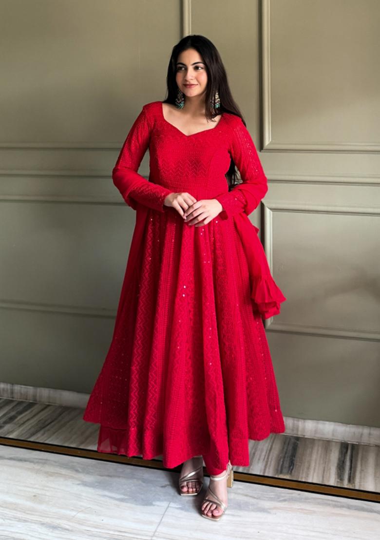 Red Embroidery Georgette Anarkali Set - Indya