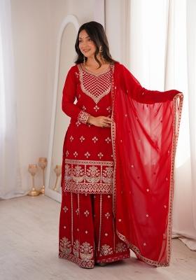 Red Embroidery Georgette Sharara Set