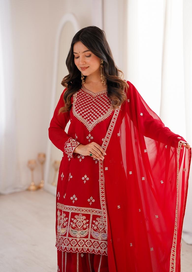 Red Embroidery Georgette Sharara Set - Indya