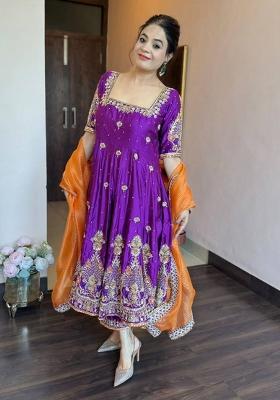 Purple Embroidery Silk Anarkali Set