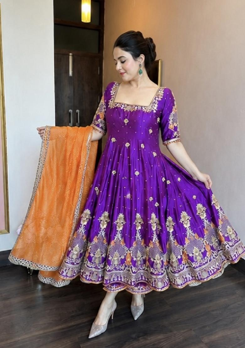 Purple Embroidery Silk Anarkali Set - Indya