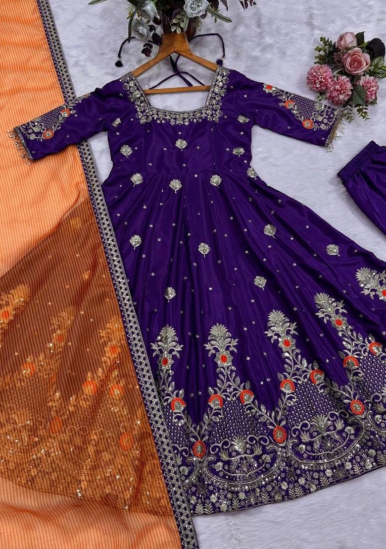 Purple Embroidery Silk Anarkali Set - Indya