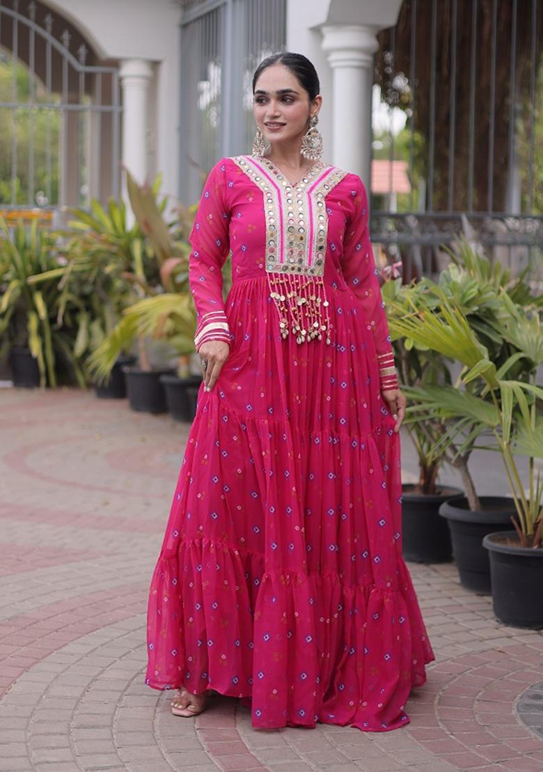 Pink Kutch Work Georgette Navratri Gown - Indya