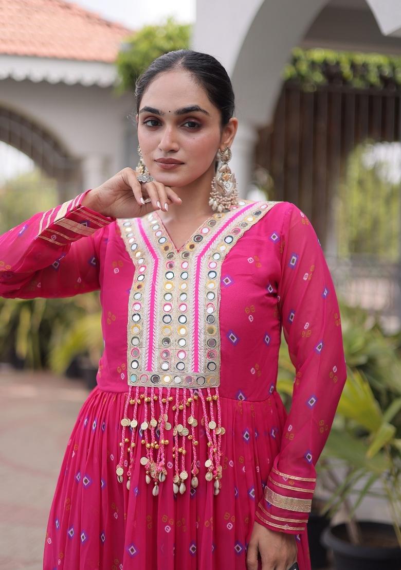 Pink Kutch Work Georgette Navratri Gown - Indya