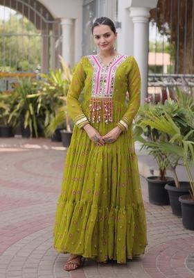 Olive Green Kutch Work Georgette Navratri Gown