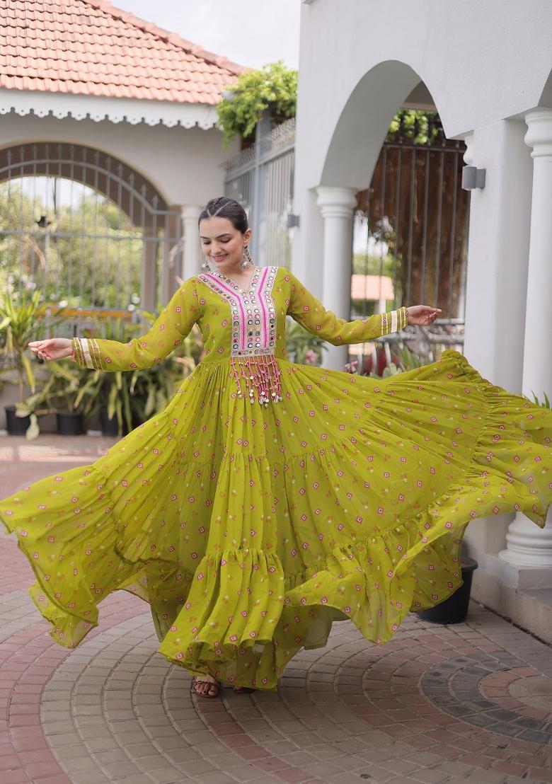 Olive Green Kutch Work Georgette Navratri Gown - Indya