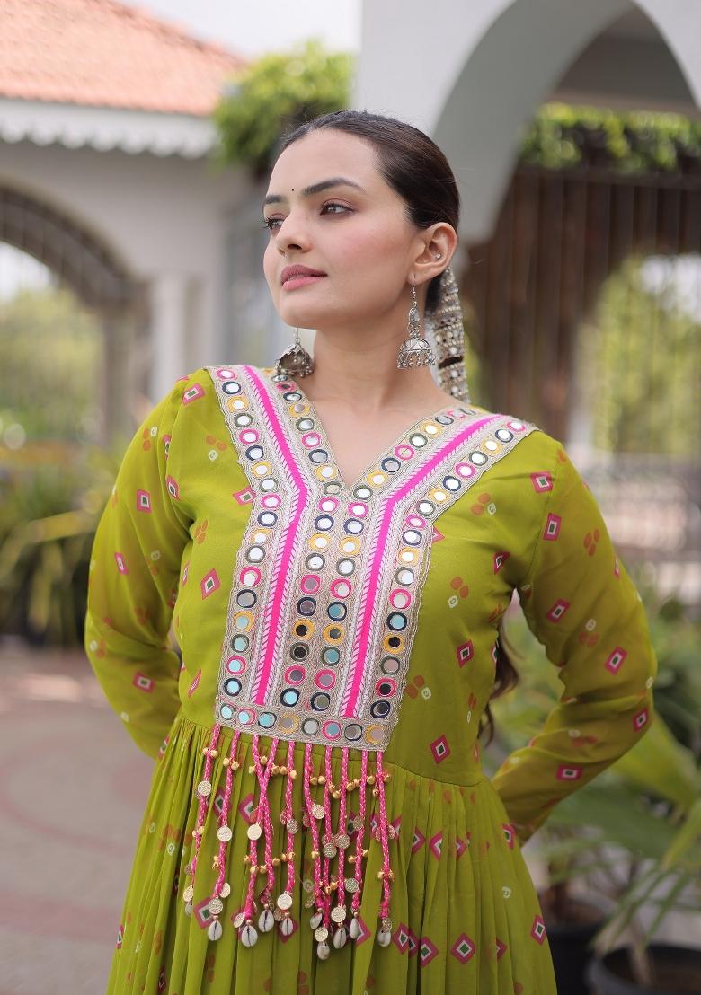 Olive Green Kutch Work Georgette Navratri Gown - Indya