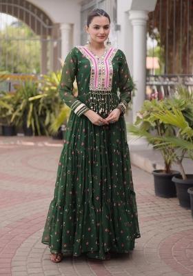 Green Kutch Work Georgette Navratri Gown