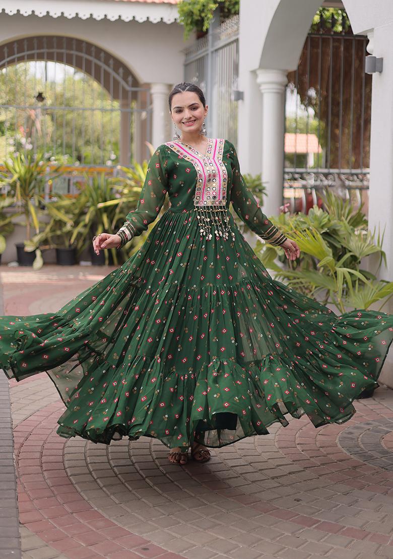 Green Kutch Work Georgette Navratri Gown - Indya