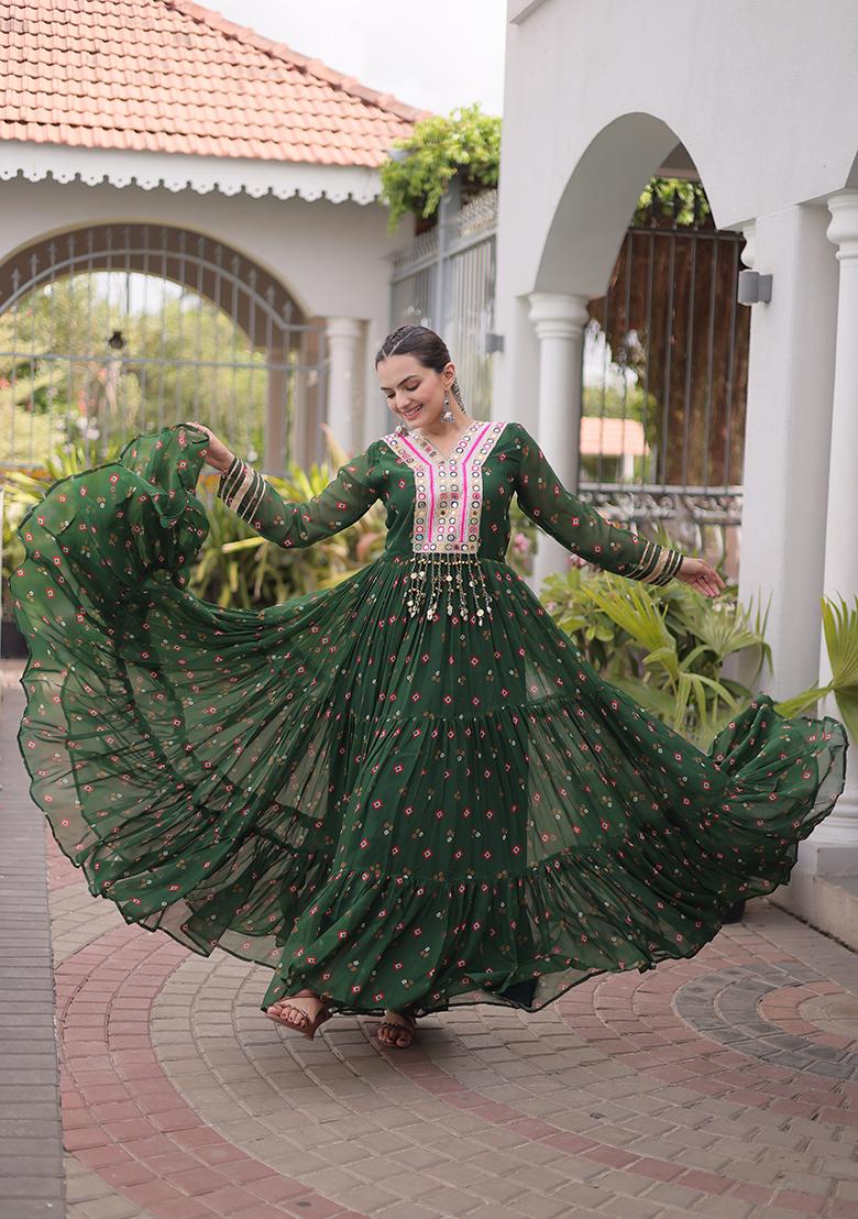 Green Kutch Work Georgette Navratri Gown - Indya