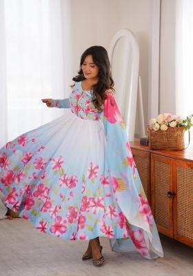 Sky Blue Floral Print Silk Anarkali Set