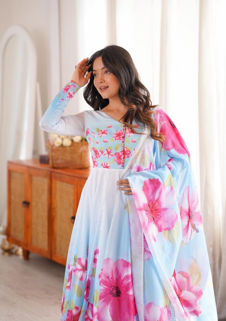 Sky Blue Floral Print Silk Anarkali Set - Indya