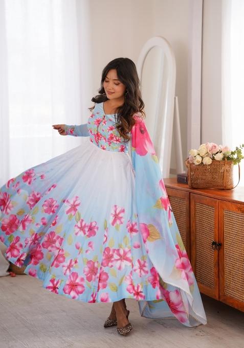 Sky Blue Floral Print Silk Anarkali Set