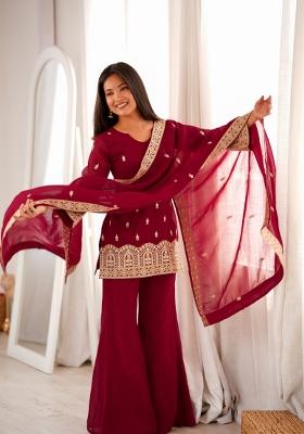 Maroon Embroidery Silk Kurta Set
