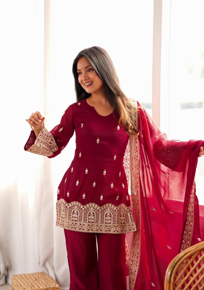 Maroon Embroidery Silk Kurta Set - Indya