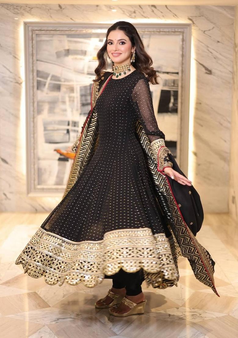 Black Embroidery Faux Blooming Anarkali Set - Indya