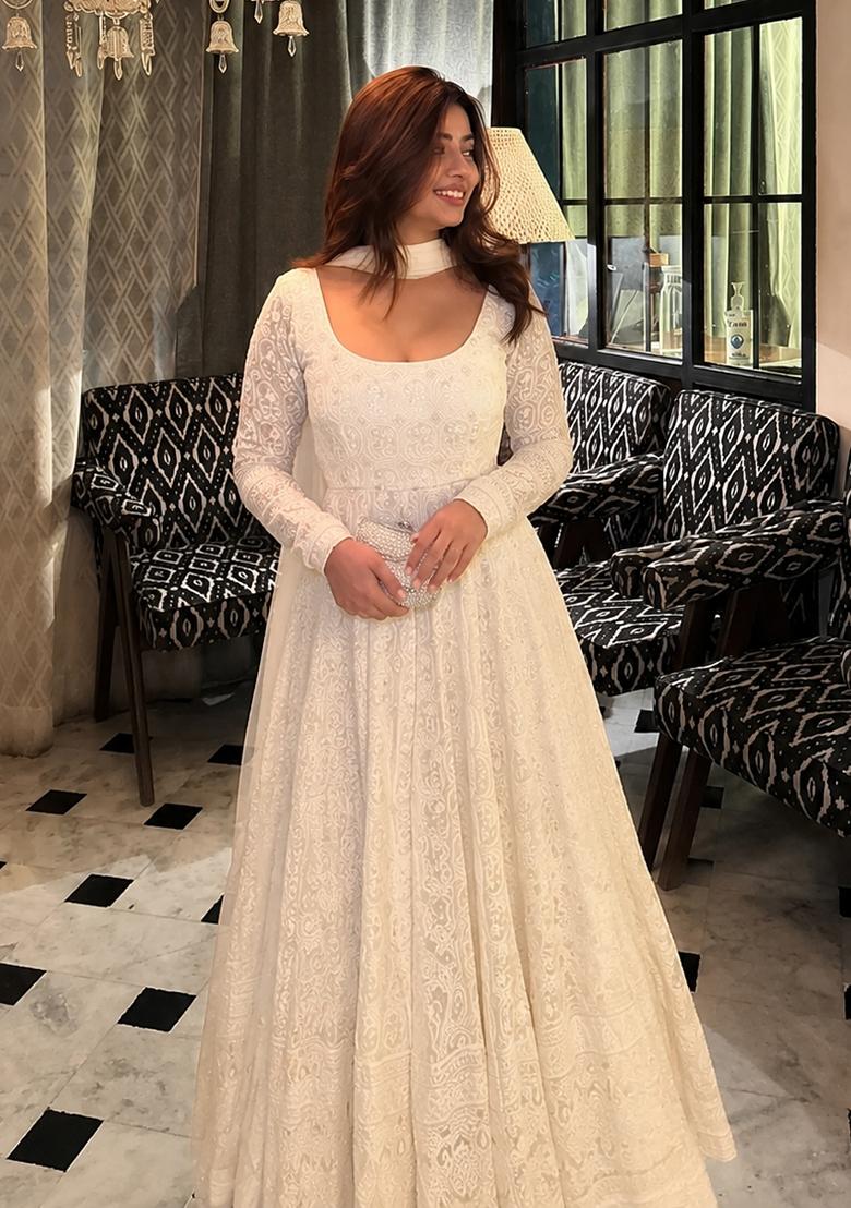 White Embroidery Faux Blooming Anarkali Set - Indya