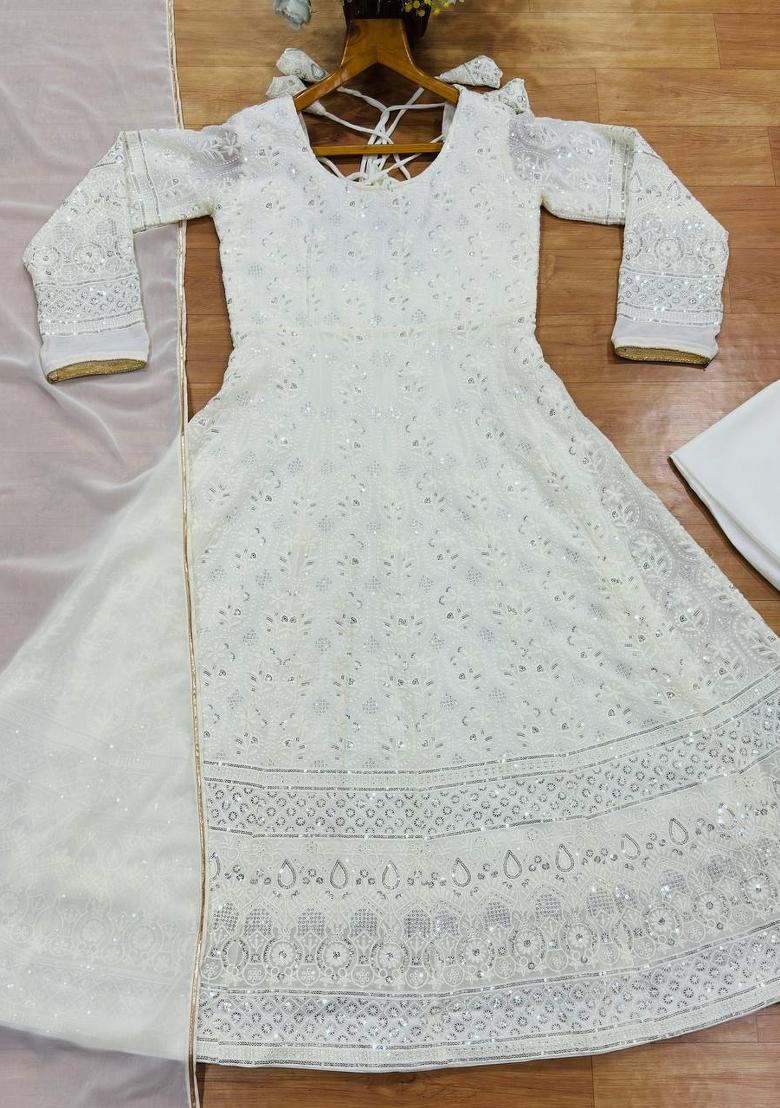 White Embroidery Faux Blooming Anarkali Set - Indya