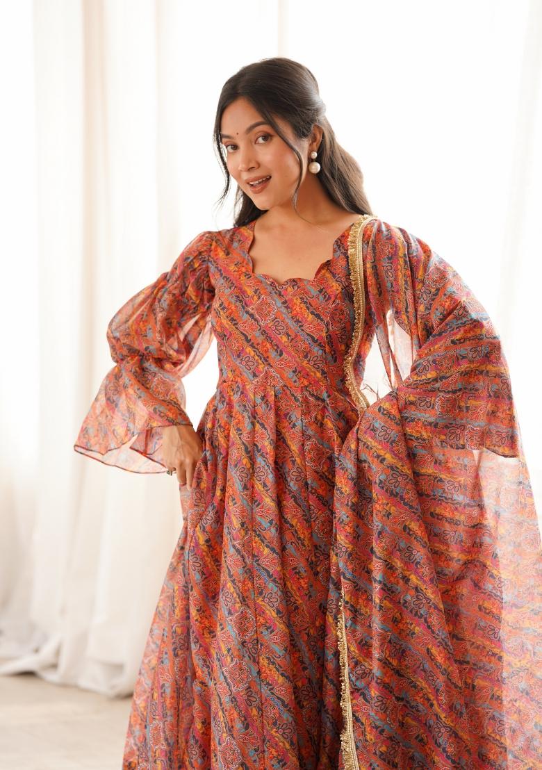 Brown Organza Kurta Set - Indya