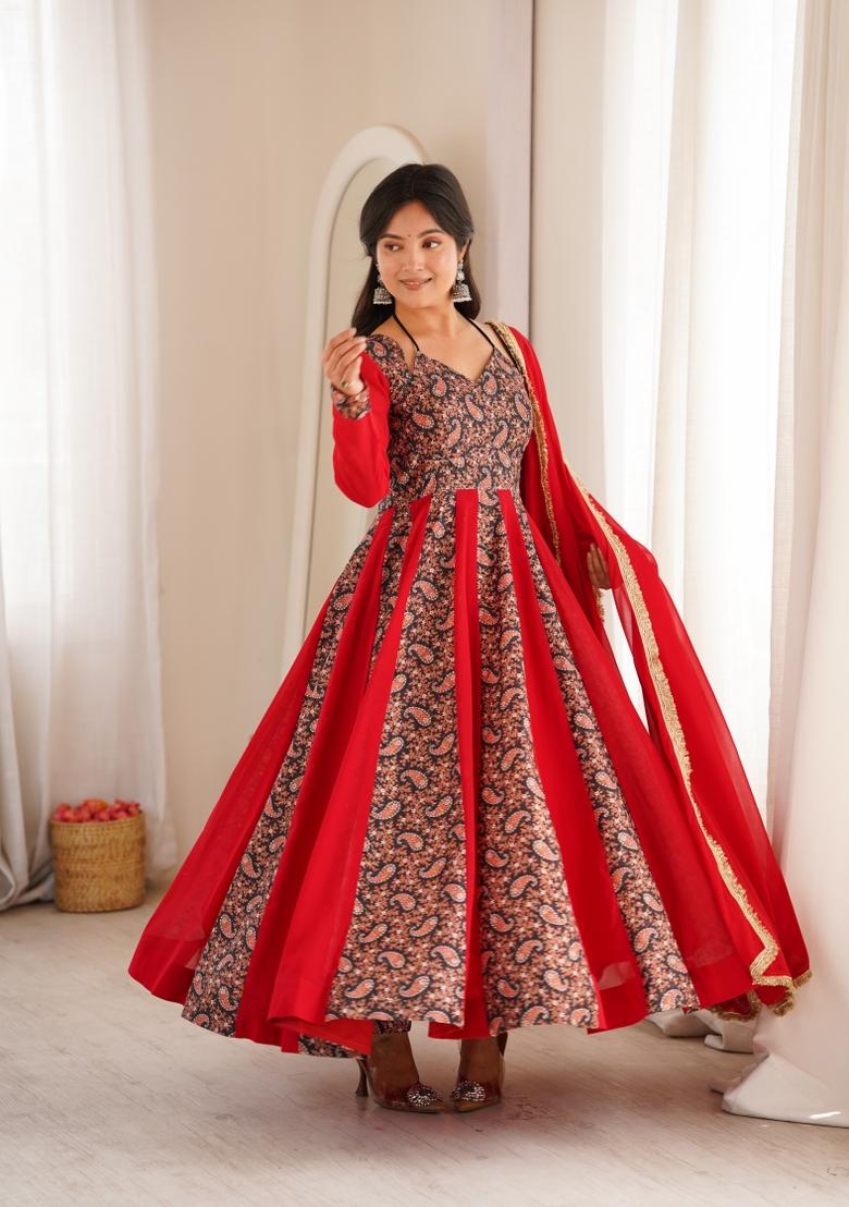 Red Georgette Kurta Set - Indya