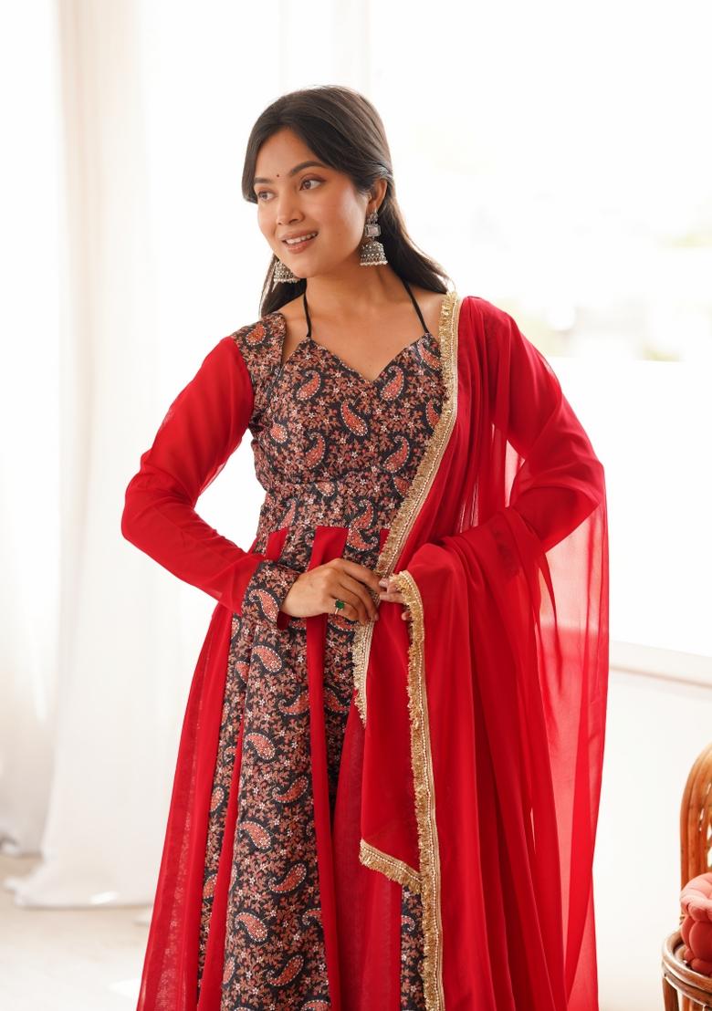 Red Georgette Kurta Set - Indya