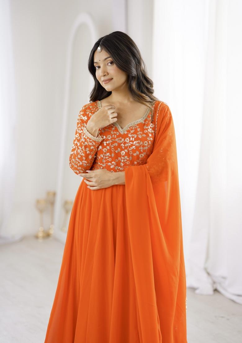 Orange Georgette Kurta Set - Indya