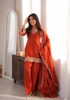 Rust Orange Silk Kurta Set