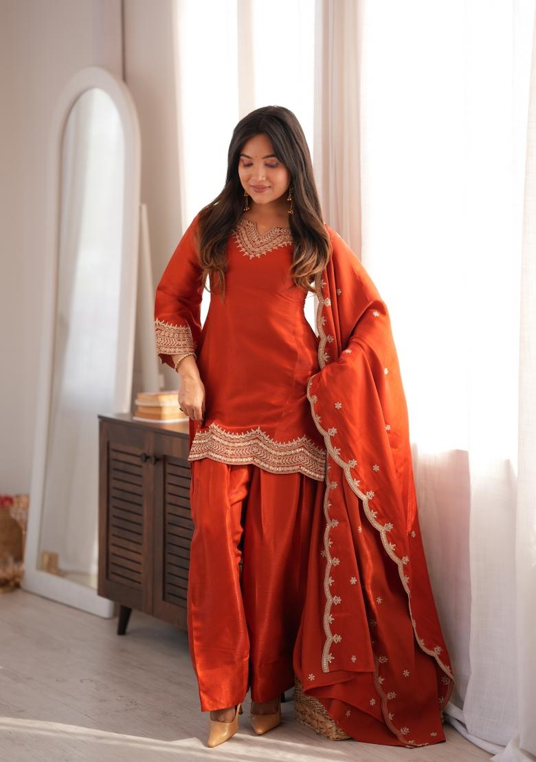 Rust Orange Silk Kurta Set - Indya