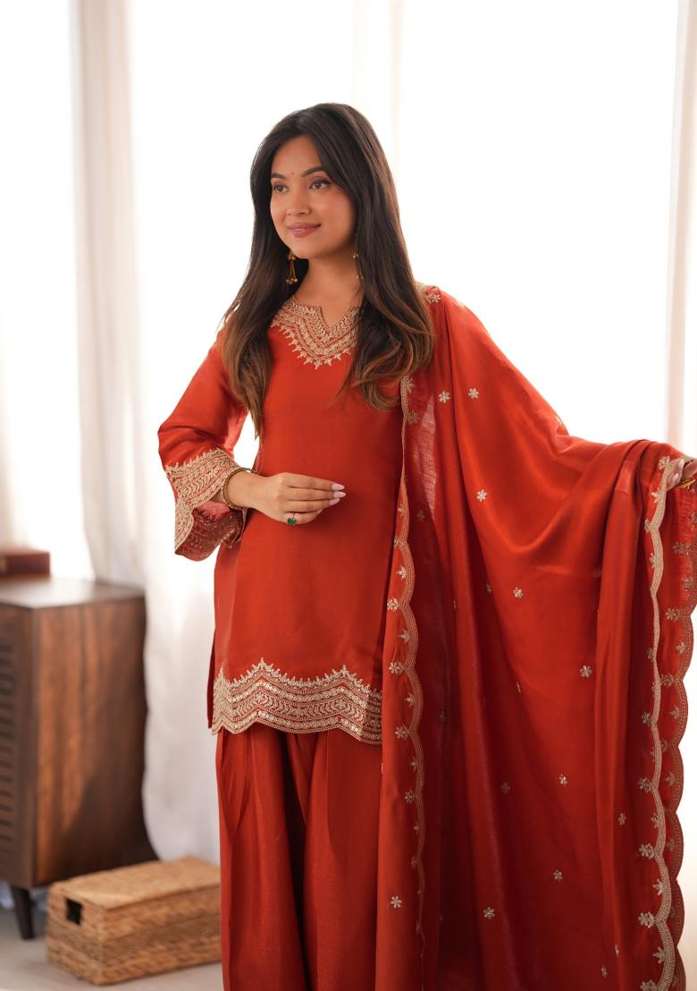 Rust Orange Silk Kurta Set - Indya