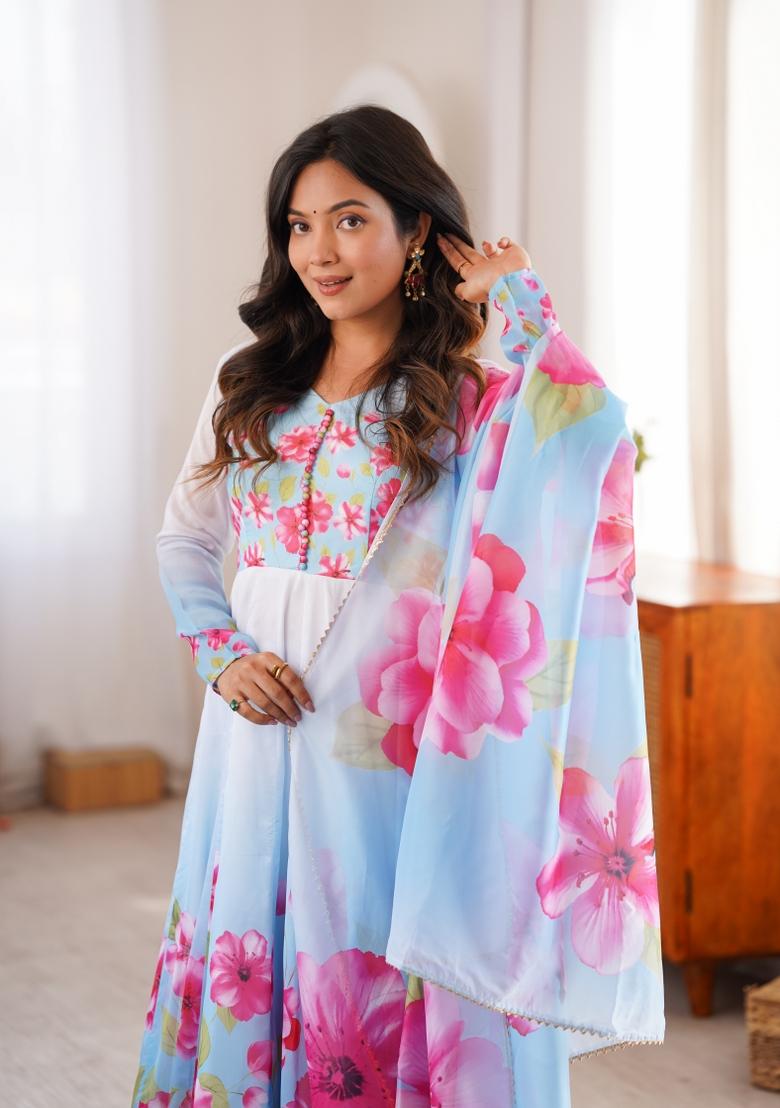 Sky Blue Organza Kurta Set - Indya