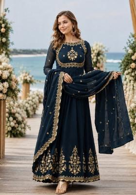 Navy Blue Zari Work Georgette Anarkali With Dupatta