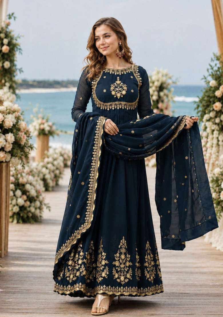 Navy Blue Zari Work Georgette Anarkali With Dupatta - Indya