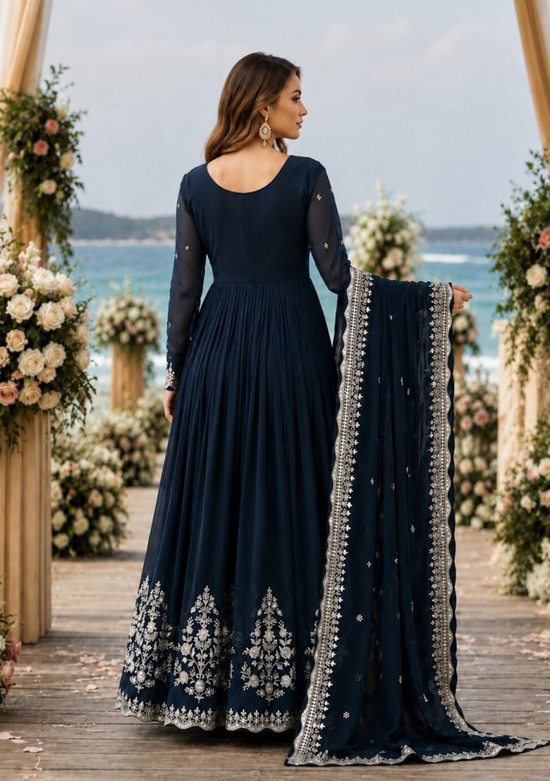 Navy Blue Zari Work Georgette Anarkali With Dupatta - Indya