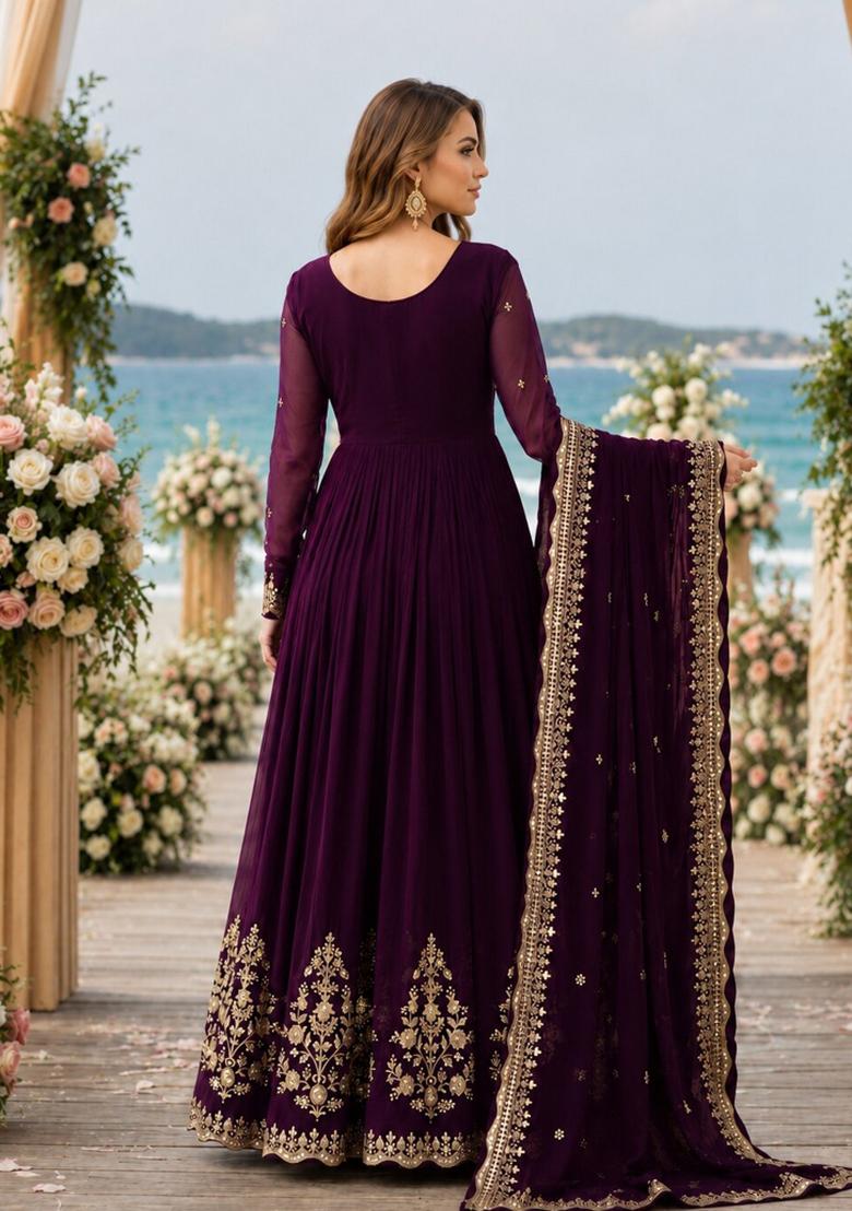 Purple Zari Work Georgette Anarkali With Dupatta - Indya