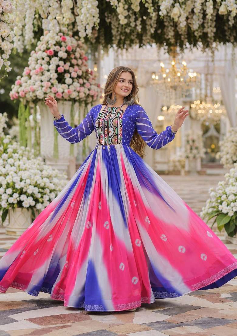 Blue Bandhej Georgette Anarkali - Indya