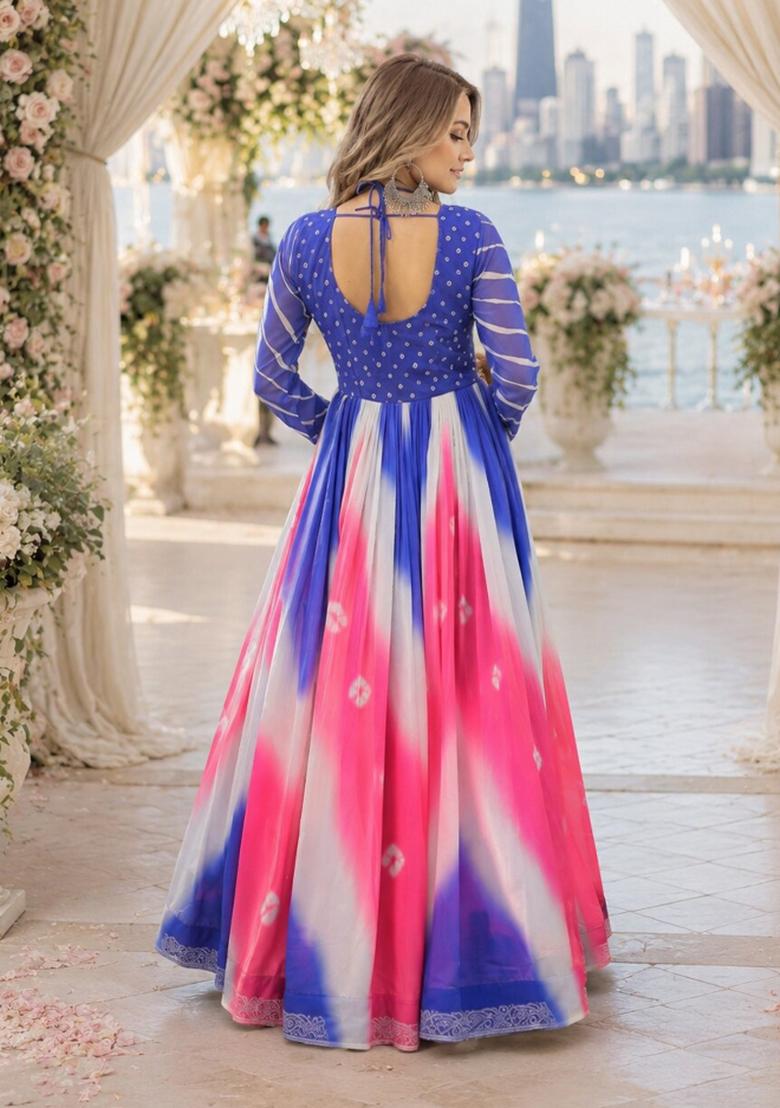Blue Bandhej Georgette Anarkali - Indya