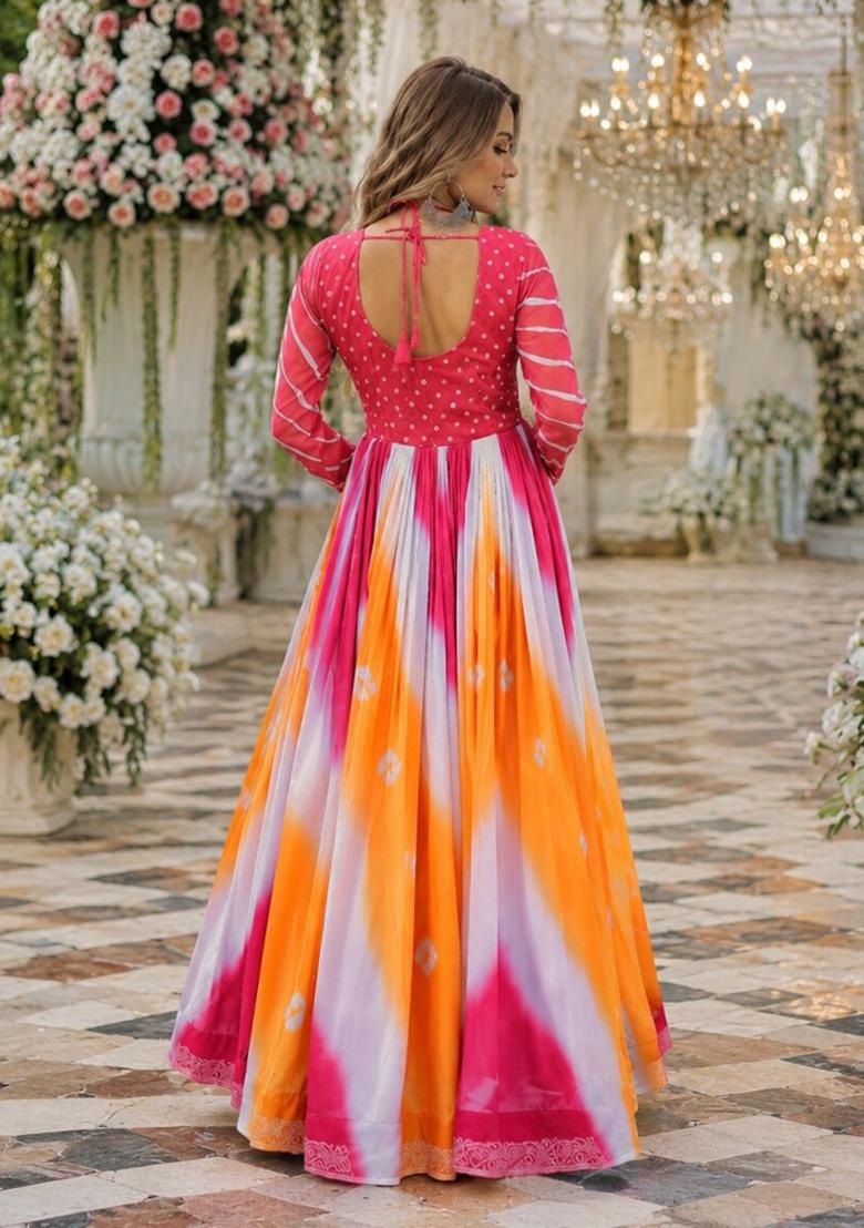 Pink Bandhej Georgette Anarkali - Indya